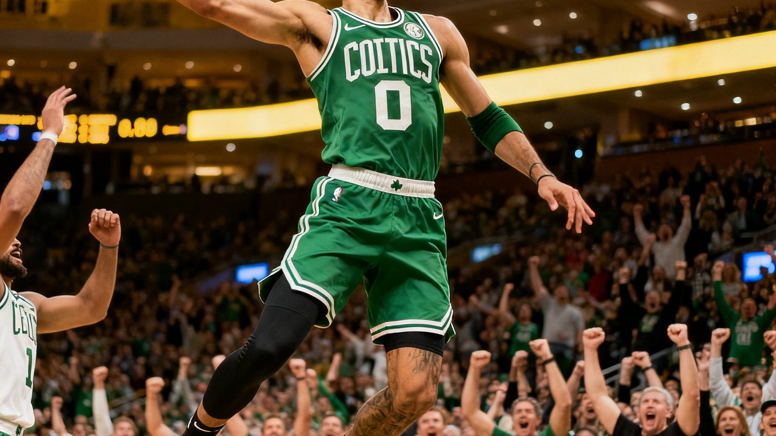 NBA季后赛凯尔特人队塔图姆在终场前0.8秒命中绝杀三分，全场观众起立欢呼