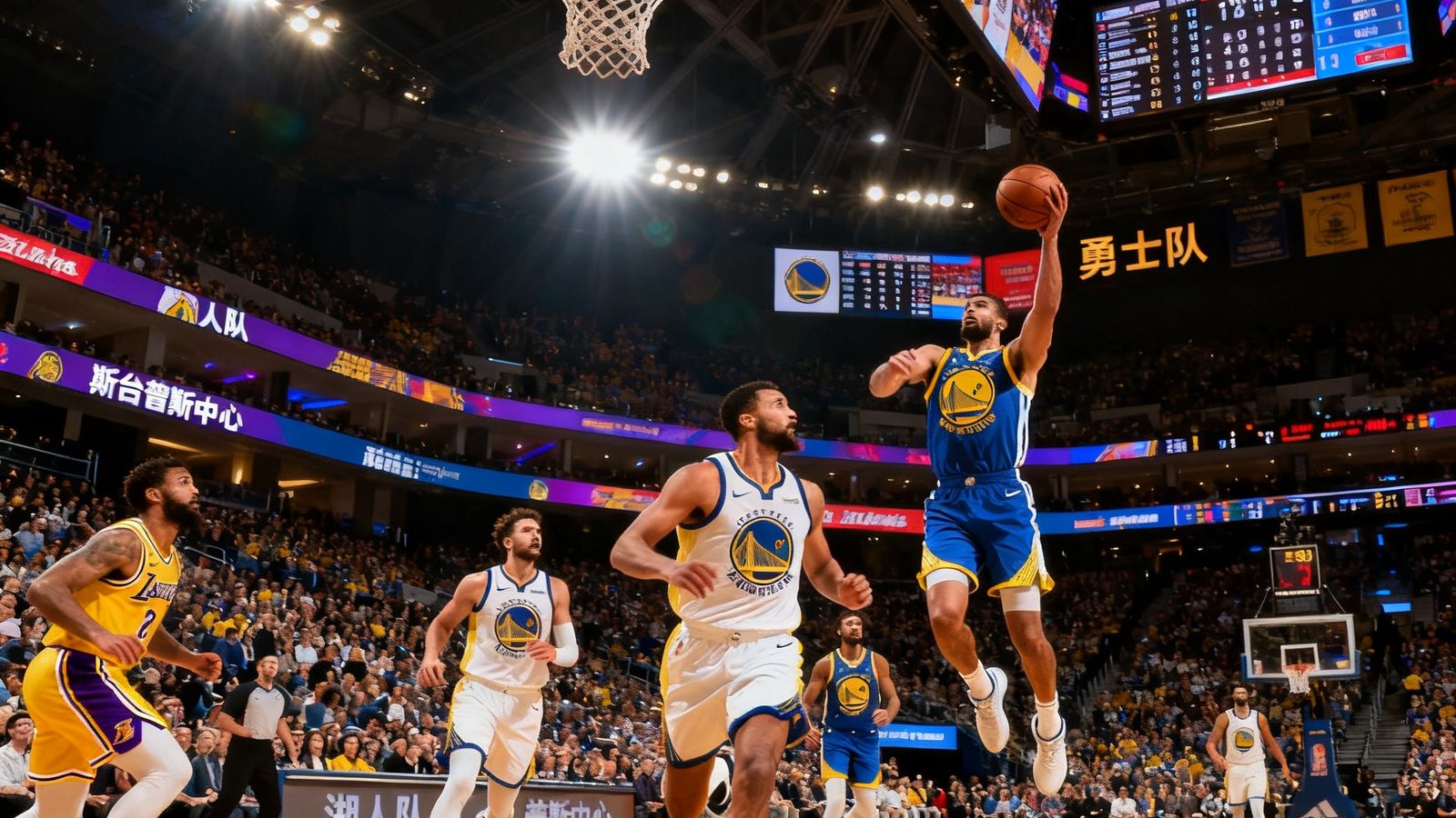 NBA常规赛直播画面，洛杉矶湖人队在斯台普斯中心主场对阵金州勇士队，篮球场上激烈对抗